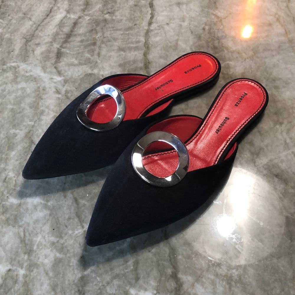 Suede Mules with Silver Ring detail